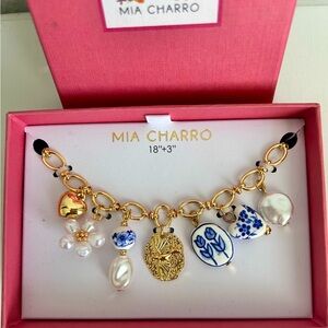Mia Charro freshwater Pearl glass flowers Charm Necklace 18+3” MWT